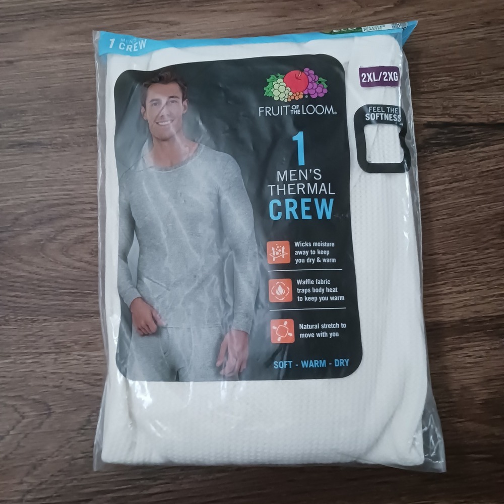 Fruit of the Loom Mens Thermal Crew Neck Top Natural Waffle Knit 2XL New